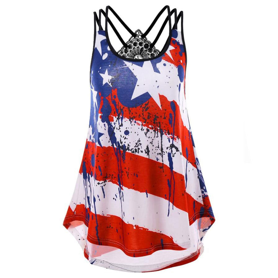 US Flag Print Striped Sleeveless Cami Tops